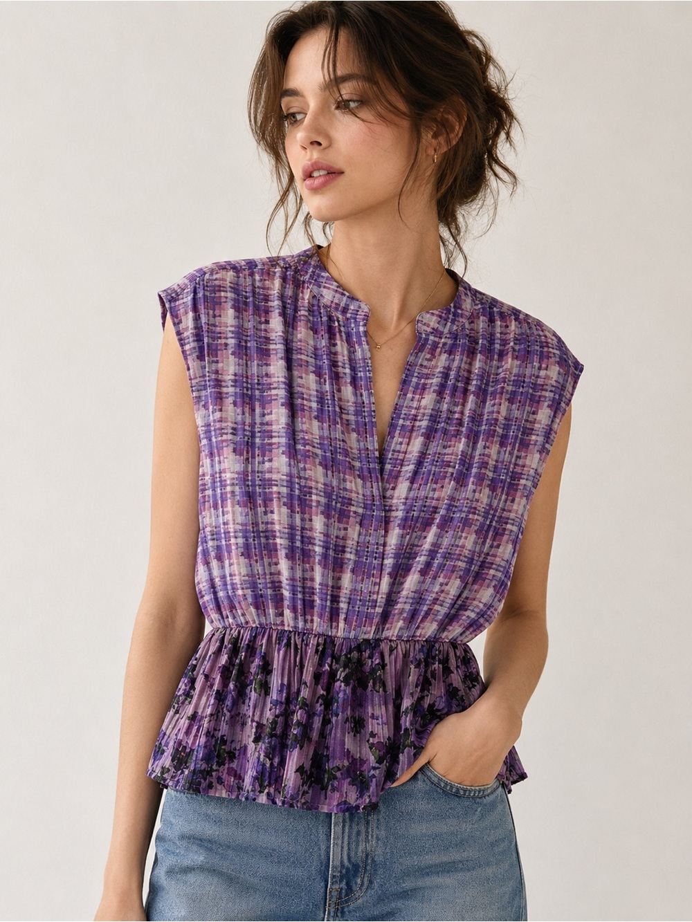 CAbi Purple Plaid Sleeveless Blouse